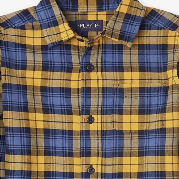 NEW Children’s Place Buffalo Plaid Button Down Shirt Blue & Yellow - Boys 10-12 - Picture 2 of 5